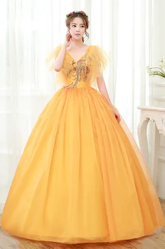  100% истинско луксозно оранжевото бална рокля с цветя модел и ръкав-папийонка, топка рокля на принцеса, средновековна рокля/викторианска рокля belle топка