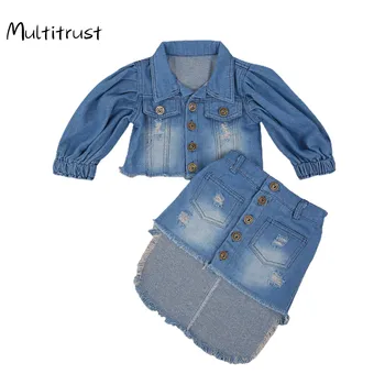  2020 Модни Комплекти Дрехи за малките момичета, Denim blue Однобортная яке с дълги буйни ръкав, Потник + Пола-молив, 2 броя, от 1 до 6 години