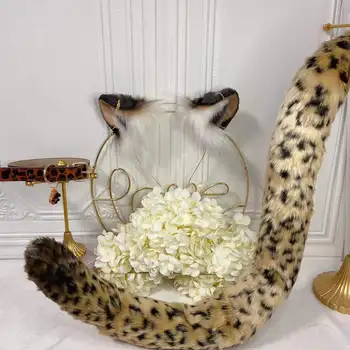  31,5 инча леопардовый опашка, леопардовые ушите и яка-уши на животни, ръчно изработени Костюми за cosplay-декоративни аксесоари в стил Лолита 