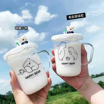  450 МЛ Корейски Сладко полярна Мечка Кристал Прозрачни Чаши на Високо Боросиликатное Стъкло С Капак Бизнес Офис Мляко Чашата за Кафе