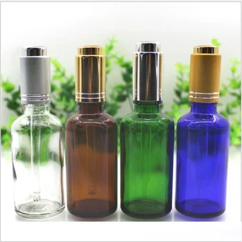  50 мл 50 бр. прозрачни/синя/зелена/кафява стъклена бутилка със сребърно помпа-капкомер етерично масло, суроватка, течната козметична опаковка за грижа за кожата
