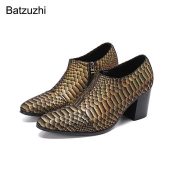  Batzuzhi/мъжки обувки; кожени ботильоны на висок ток 7,5 см, с остри пръсти и рибено модел; мъжки червени вечерни и сватбени обувки са с цип; мъжки