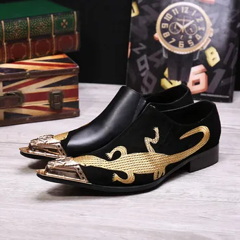  Christia Bella/ Италиански мъжки Обувки За Партита, мъжки Модел Обувки със Златна Бродерия, мъжки бизнес Черни официални Обувки От Естествена Кожа, Големи Размери