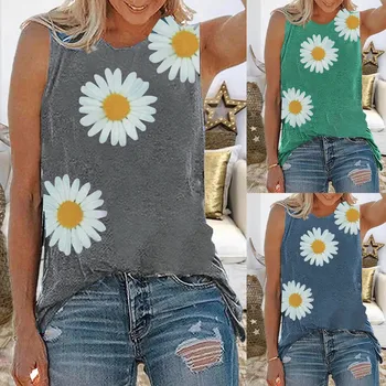  Chrysanthemum print women ' s top, summer new fashion trend, небрежно round neck sleeveless vest,tshirt летни дрехи дамски