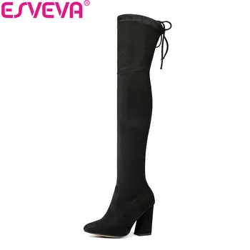 ESVEVA/2020 г., дамски ботуши, ботфорты над коляното от Флока, дамски обувки с кръгло бомбе, дамски официални обувки от еластичен плат в западен стил, по-Големи Размери 34-43