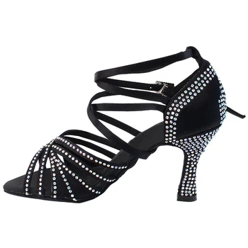  Evkoodance/ Черно-Танцови Обувки С Кристали; Модни Обувки на Висок Ток 7 cm за латиноамериканска салса; Обувки за танци балната зала