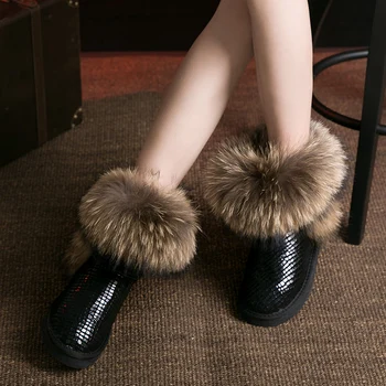  G & Zaco/ Луксозни Зимни Обувки От Естествена Лисица, Черни Кожени Дамски Обувки В Насипно Състояние Меху, Непромокаеми Зимни Къси Ботуши От Телешка Кожа