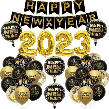  JOYMEMO 2023 Коледни Вечерни Украса на Черно Злато Банер честита Нова Година 2023 Цифрови Балони Балони за Новогодишната Партита