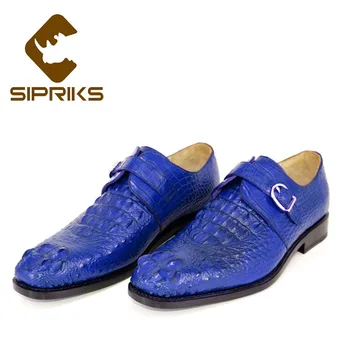  Sipriks Внасят Синята Обувки от Крокодилска кожа 100% от Мъжете с Един Монашеским Каишка Елегантна Черна Обтегач Goodyear Прорезные Официални Обувки Италиански