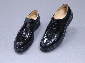  Sipriks/ Нова ежедневни обувки от крокодилска кожа; мъжки обувки за сватба чисто черен Цвят; висок клас обувки от крокодилска кожа гумена подметка