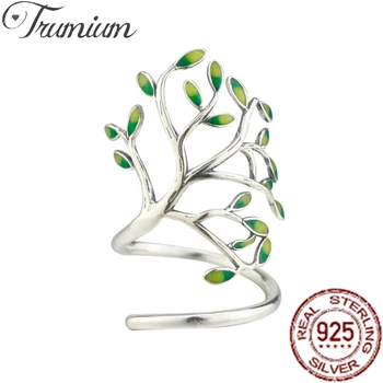  Trumium 100% 925 Сребро Иновативно Дървото на Живота Зелени Листа на Дървото Регулируеми Пръстени на Палеца за Жени, Модни Бижута