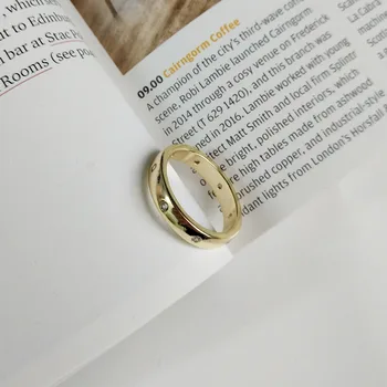  Автентични S925 Сребро ИЗИСКАНИ Бижута Златни личност Гланц Геометричен с Цирконием камък Заоблени c пръстена се Регулира J465