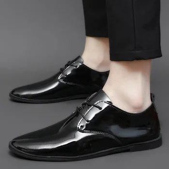  Брандираната Мъжка Лятна Кожени Обувки 2022 година, Качествена Однотонная Кожени обувки дантела с остри пръсти, Мека Дишаща Лъскави Обувки за Мъже
