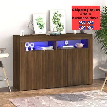  Бюфет с led подсветка Кафяв Дъб 115,5x30x75 см, съвременен буфетный гардероб, дървен шкаф, козметичен кабинет с led подсветка