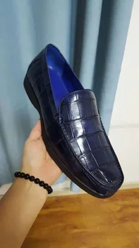  Висококачествена мъжка мода обувки от 100% естествена крокодилска кожа с подплата от естествена телешка кожа за релаксация, мъжки обувки ТЪМНО-СИН ЦВЯТ