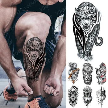  Водоустойчив Временна Татуировка Стикер Тотем Леопард Флаш Татуировки Dragon Tiger Вълк Лъв Боди-Арт Ръка Фалшива Татуировка На Жените И Мъжете