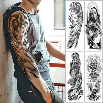 Голяма Татуировка На Ръкава Си Ръце Крилата На Ангела Гълъб Исус Водоустойчив Временна Татуировка Стикер Света Светостта На Мъжете Пълен Череп Тотем Татуировка