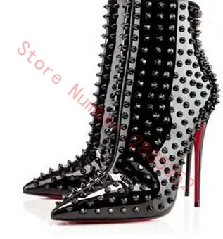  Дамски чисто нови бели черни ботуши на висок ток, класически обувки, дамски стръмни ботуши на висок ток с остри нитове, големи размери 35-44