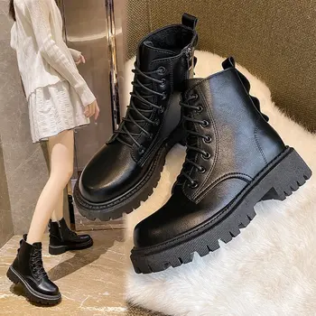  Есенни ботуши Дамски обувки Дамски обувки Модерен Кръгли Кожени Ботильоны 2021 Зимни Стрейчевые черни Обувки Удобни обувки