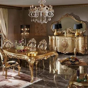  Изработена по поръчка на европейската луксозна комбинация на обедната маса и стол Френски дворец вила мебели от масивно дърво, ръчна изработка