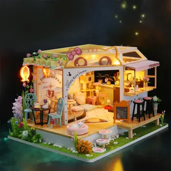  Креативен Куклена Къща ръчно изработени Мебели LED Light Cat Coffee Shop Дървен