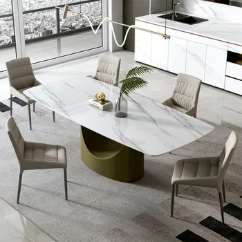  Лесен луксозна маса за хранене е от каменни плочи и комбинация от стола, правоъгълен модерен минималистичен мрамор малка маса за хранене