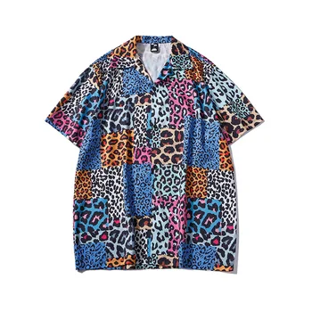  Лятна Нова Корейска Цветна Леопардовая Клетчатая Риза С Къси Ръкави И Принтом За Мъже, Модни Хавайски Плажни Ризи Harajuku Оверсайз