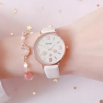  Модни Кръгли Кварцов часовник с Циферблат от четири листа детелина, Ежедневни Часовници, Кожена Каишка, Модерни Водоустойчиви Часовници за Жени