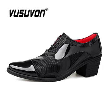  Мъжки обувки-Oxfords, Модни обувки На Висок Дебел Ток 4,5 см, Черни Ежедневни обувки От Лачена Кожа, Модел Дантела, Класическа Сватба Парти