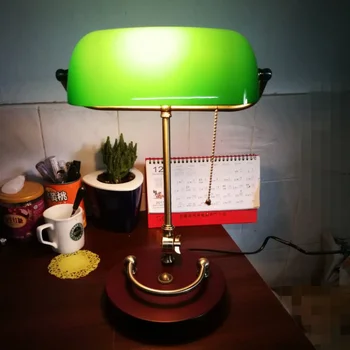  Настолна лампа за банкерите, ретро настолна лампа, зелена стъклена лампа, березовое основа, античен регулируема шарнирный кабел