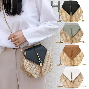  Нова Шестостенни Слама + Изкуствена Чанта на рамото, Жените Лятна Плажна Чанта с дръжка отгоре, Бохо, 2021, Модни Дамски плажни Чанти