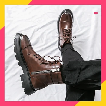  Нова тенденция мъжки обувки, Удобни мъжки обувки, кожени ботуши в британския стил, мъжки ботильоны в ретро стил, модни разнообразни ежедневни обувки