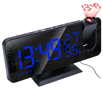  Регулируема LED Digital alarm clock Електронни Настолни Часовници Пробуждане FM Радио Време Проектор Температура Влажност Функция за Повторение 2 Будилник