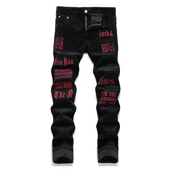  Хип-Хоп Мъжете Писмо Бродерия Черни Дънки Панталони Градинска Облекло В Стил пънк Дънкови Панталони За Мъже Slim Fit