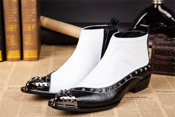  Черно-Бяла Спойка С метален цип Истински Кожени Високи Остри Токчета на обувки С Мъжки Пръсти-Големи Размери Модни Вечерни Обувки За Сватбена Рокля