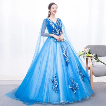  синьото покривало на рамото дълга рокля принцеса cosplay страна на чудесата средновековна рокля Възраждането рокля на кралица Виктория Красавица Бал