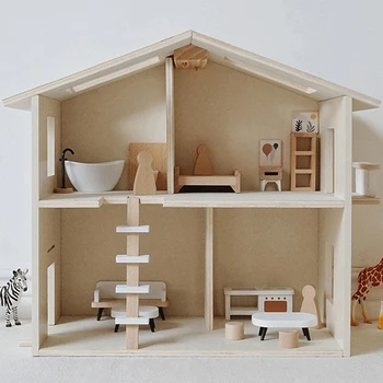  1 комплект Куклена къща имитация на вила, малка къща, включително пълен набор от мебели и украса