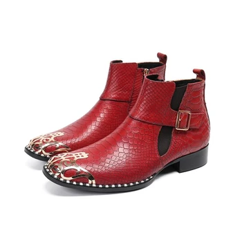  Червени мъжки Ботильоны от естествена кожа с остър бомбе и метална рамка, с цип, с Катарама, Големи Размери 46, Модни вечерни сватбени модела обувки